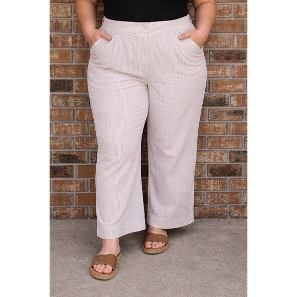 J.Jill Pants - JJill Tan/White Striped Seersucker Wide Leg Pants Coastal Summer Sz 18